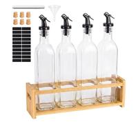 Relaxdays set 4 botellas de aceite 500 ml, soporte bambú, vertedor, cristal | Vinagre, aceite de oliva, etiquetas