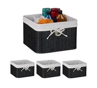 Relaxdays Set 4 Cestas de Almacenaje, Bambú, Forro de Tela, 20 x 31 x 31 cm, Cestitas con Agujero para Asa, Negro