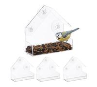Relaxdays Set 4 Comederos de Pájaros para Ventana, 3 Sopapas, Estaciones de Alimento con Techo, 15x15x7 cm, Transparente