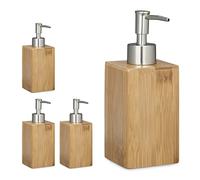 Relaxdays Set 4 Dispensadores Jabón 240 ml, Dosificador Champú, Expendedor Lavavajillas Encimera, Baño, Bambú, 18x6,5x8cm, Natural