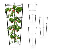 Relaxdays Set 4 Jaulas Tomates, Hierro y Plástico, Tutores Flores, 45cm, 3 Anillos, Soporte Plantas Trepadoras, Negro