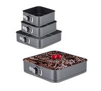 Relaxdays Set 4 Moldes Bizcocho, 18/20/26/28 cm, Acero INOX, Revestimiento Antiadherente, Bizcochera Cuadrada, Antracita, Inoxidable