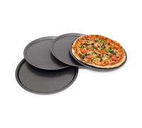 Relaxdays Plato Horno para Pizza Redondo, Set 4 Moldes, Bandeja Acero al Carbono, Empanadas Quiches, 33cm Diámetro, Gris