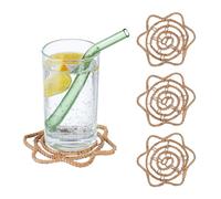 Relaxdays Set 4 Posavasos de Hoja de Palma, Portavasos Estilo Boho, para Vasos, Copas y Tazas, 10x10 cm, Natural