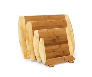 Relaxdays Set 4 Tablas de Cortar Bambú, con Soporte, Tableros Carne, Varios Tamaños, Reversibles, Madera, Marrón Natural