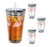 Relaxdays Vasos con Tapa y Pajita, Set 4 Flamenco, 450 ml, Aptos para Lavavajilla, Jarras Batidos, Transparentes, 9 cm, 4