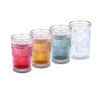 Relaxdays Set 4 Vasos Vintage, Aptos para Lavavajillas, 400ml, Cristalería Retro Marco Dorado, Agua y Zumo, Transparente