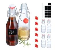Relaxdays Botellas Cristal Vacías, Pack de 6, 250 ml, Tapón Mecánico, para Licor, Aceite, con Etiquetas, Transparentes