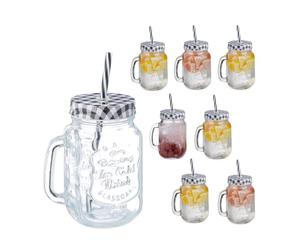 Relaxdays Set 8 jarras con pajita y tapa a cuadros blanco,negro,transparente