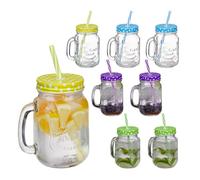 Relaxdays Beber Jarras con Tapa y Pajita, Set de 8 Jarritas Limonada, 400 ml, Vasos Retro Veraniegos con Asa, Multicolor, Hierro, 8 Stück (1er Pack), 8