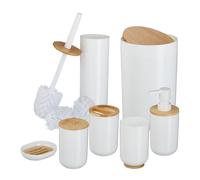 Relaxdays Set Accesorios Baño, Juego Completo Utensilios 7 Piezas, Conjunto WC, Plástico y Bambú, Color a Elegir, 65% 20% 15%, Blanco/Crema, 7 Unidades