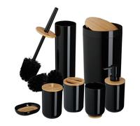 Relaxdays Set Accesorios Baño, Juego Completo Utensilios 7 Piezas, Conjunto WC, Plástico y Bambú, Color a Elegir, 20% 15% 65%, Negro/Beige, 7 Unidades