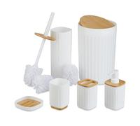 Relaxdays Set Accesorios Baño, Juego Completo Utensilios 6 Piezas, Conjunto WC, Plástico y Bambú, Blanco y Natural, 65% 20% 15%