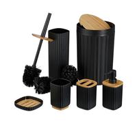 Relaxdays Set Accesorios Baño, Juego Completo Utensilios 6 Piezas, Conjunto WC, Plástico y Bambú, Negro y Natural, 65% 20% 15%
