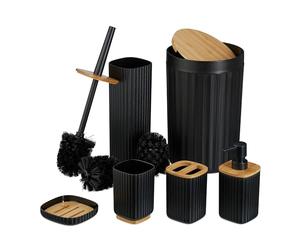 Relaxdays Set Accesorios Baño, Juego Completo Utensilios 6 Piezas, Conjunto WC, Plástico y Bambú, Negro y Natural