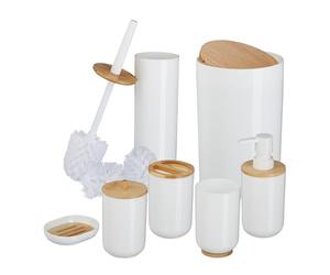Relaxdays Set Accesorios Baño, Juego Completo Utensilios 7 Piezas, Conjunto WC, Plástico y Bambú, Color a Elegir