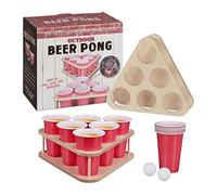 Relaxdays Set Beer Pong de 16 Piezas, Juego Beber Cerveza, 12 Vasos, Soportes y Pelotas, para Adultos, Natural/Rojo, 8,5 x 31 x 27,5 cm