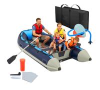 Relaxdays Set Bote Hinchable, 4 Personas, 3,20 m, remos, Bomba & Bolsa, Fondo de Aluminio, para Pesca, Azul y Blanco
