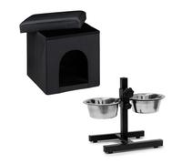 Relaxdays Set cama perros y comederos ajustables negro,plata