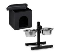 Relaxdays Set casa perros y comederos regulables negro,plata