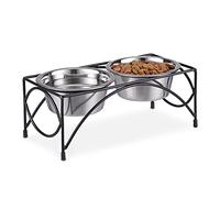 Relaxdays Set Comederos Perro Grande con Soporte, Bebedero Mascotas, 2 Cuencos de 800 ml, Boles Comida, Negro y Plateado