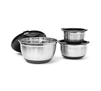 Relaxdays Set Cuencos Cocina Antideslizantes, Acero, 3 Piezas, con Tapa, Ensaladeras, 14x25,5x25,5 cm, Plateado y Negro