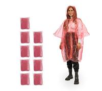 Relaxdays Set de 10 Chubasqueros, Capa Lluvia Capucha, Poncho Impermeable Desechable, Hombre y Mujer, PE, Rojo, 95 x 120 cm