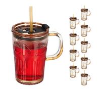 Relaxdays Set de 10 Vasos, Jarras para Beber con Tapa y Pajita, Jarritas Batidos y Zumos 450 ml, con Asa, Marrón Claro