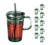Relaxdays Set de 10 Vasos, Jarras para Beber con Tapa y Pajita, Jarritas Batidos y Zumos 450 ml, con Asa, Verde
