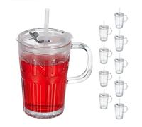 Relaxdays Set de 10 Vasos, Jarras para Beber con Tapa y Pajita, Jarritas Batidos y Zumos 450 ml, con Asa, Transparente