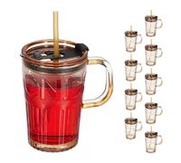 Relaxdays Set de 10 Vasos, Jarras para Beber con Tapa y Pajita, Jarritas Batidos y Zumos 450 ml, con Asa, Marrón Claro