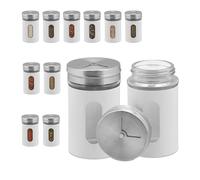 Relaxdays Botes Especias, Set de 12, Dosificadores 3 Tamaños, Frasco condimentos, Tarros Cristal, Acero, Blanco/Plateado, Inoxidable