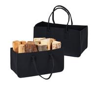 Relaxdays 2 Bolsas para Leña XXL, Cesta de Almacenaje, 28 l, Leñero Fieltro Resistente, Revistero con Asas, Negro, 25 x 50 x 25 cm
