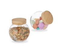 Relaxdays Caramelo Botes Cristal Tapa de Bambú, Set de 2, Tarros Almacenaje, para Mesas de Chuches, 1,5 L, Transparente/Natural