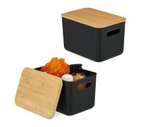 Relaxdays Set de 2 Cajas de almacenaje con Tapa, plástico y bambú, Asas, 16x26x17,5 cm, Negro