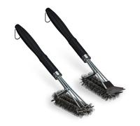 Relaxdays Set de 2 Cepillos para Barbacoa, Limpieza Parrilla con Raspador, 45 cm, Escobilla Alambre Triple, Negro