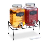 Relaxdays Set 2 Dispensadores Bebidas con Soporte, Recipiente Limonada 4L, Grifo y Tapa, Cristal, Surtidor, Transparente, 4 L