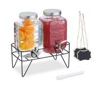 Relaxdays Set 2 Dispensadores Bebidas con Soporte, Recipiente Limonada 4L, Grifo Acero Inoxidable, Cristal, Transparente