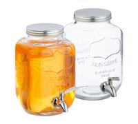 Relaxdays Set 2 Dispensadores de Bebidas, Recipiente Limonada 4L, Grifo y Tapa, Cristal y Acero Inoxidable, Transparente, 4 L