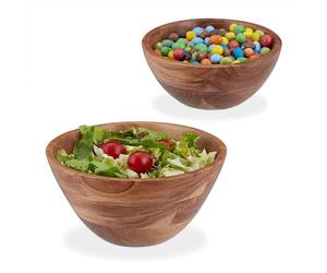 Relaxdays Set de 2 Ensaladeras de Madera de Acacia, Cuencos Redondos para Ensalada, Fruteros Ø 19 y 25 cm, Marrón