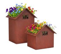 Relaxdays Set de 2 maceteros y Casas-luz de Metal Efecto óxido, jardín y balcón, marrón, 28x16x14 cm