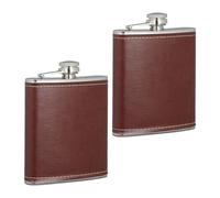 Relaxdays Set de 2 Petacas, 200ml, Petaquita Acero Inoxidable con Funda Efecto Cuero, Botellín de Bolsillo, Plata/Marrón