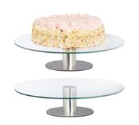 Relaxdays 2 Platos Giratorio de Cristal para Tartas, Soporte Pasteles, Cupcakes, Expositor Pie Acero, 30cm, Transparente