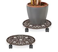 Relaxdays Soporte Macetas con Ruedas, Set 2, Redondo, Diseño Antiguo, Hierro Fundido, 7,5 x 34 cm, Plato Plantas, Marrón