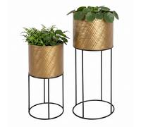 Relaxdays set de 2 soportes para macetas, metal, negro/dorado | soporte redondo, 2 tamaños, salón y pasillo