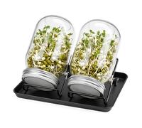 Relaxdays Set de 2 tarros para germinar brotes, Soporte y Bandeja, tarros de 850 ml, Cultivo de brotes, Claro/Negro