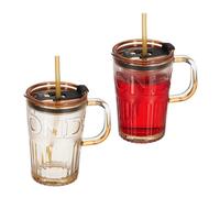 Relaxdays Set de 2 Vasos, Jarras para Beber con Tapa y Pajita, Jarritas Batidos y Zumos 450 ml, con Asa, Marrón Claro, 13x13x8,5cm