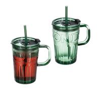 Relaxdays Set de 2 Vasos, Jarras para Beber con Tapa y Pajita, Jarritas Batidos y Zumos 450 ml, con Asa, Verde, 13x13x8,5cm
