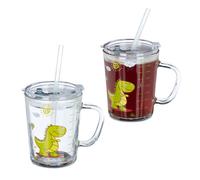 Relaxdays 0 Vasos, Set de 2, Dinosaurio, Vaso Niños con Asa, con Tapa y Pajita, 400 ml, Transparente, 2 Unidad (Paquete de 1), 2