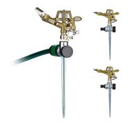 Relaxdays Set de 3 Aspersores de Impulso, con Piqueta, Alcance de 15 m, 20°-360°, Riego de Jardín, Dorado/Plateado